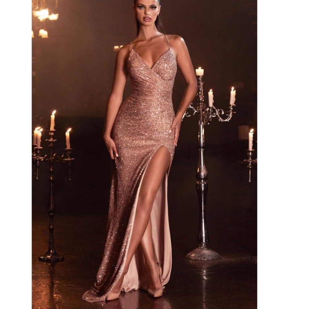 Rose Gold Ruched Fitted Sequin Evening Gown Ladivine CH225